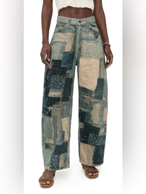 FREE PEOPLE ILLUSIONS PATCHWORK BARREL LEG JEANS SIZE 25